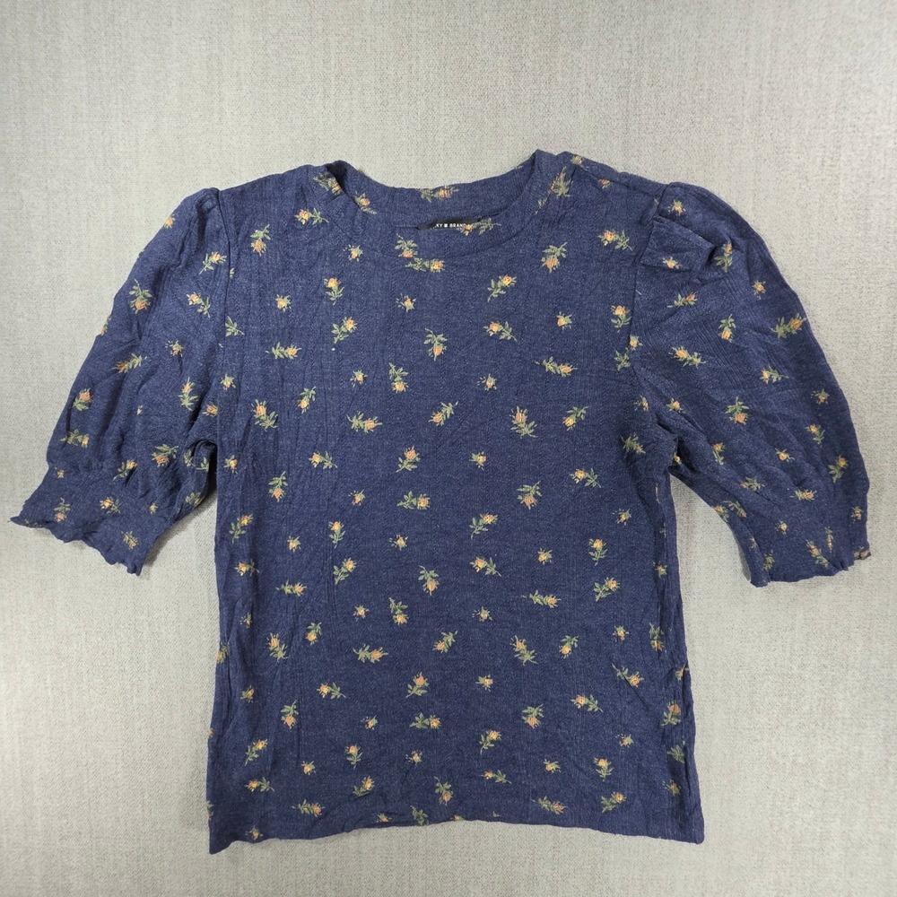 Lucky Brand Top Women Small Blue Floral Puff Sleeve Pointelle Knit Tee